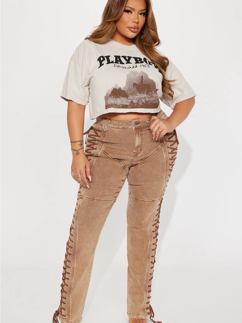 Fashion Nova Women’s High-Waist Lace-Up Tan Pants